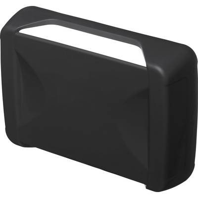 Een zwarte, rechthoekige koffer met een smal wit handvat aan de bovenkant, een strak design.