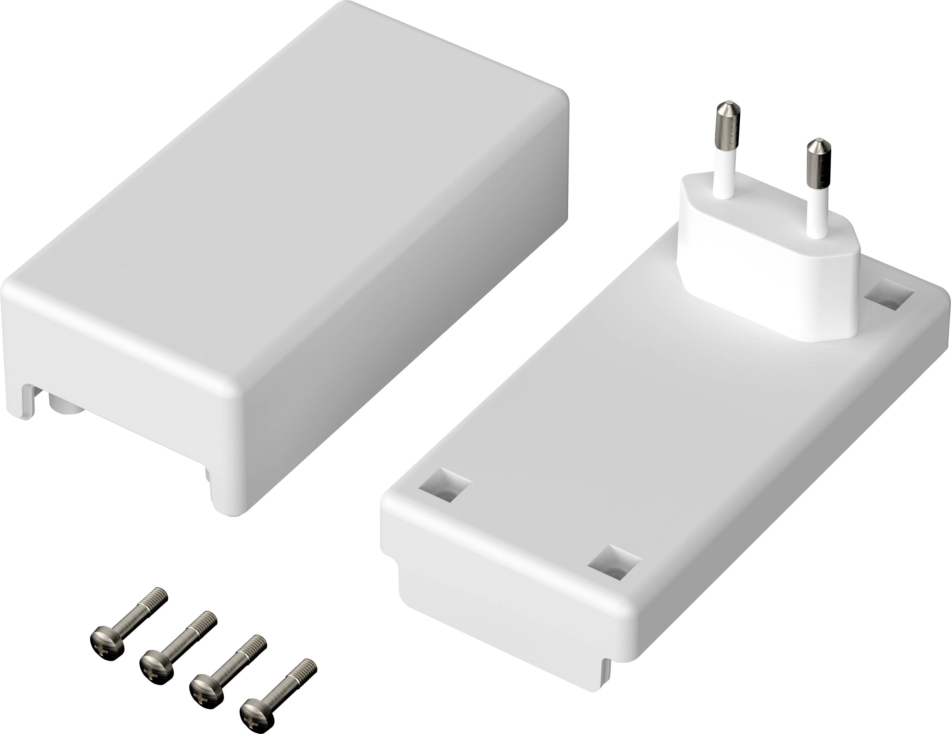 Twee witte behuizingsonderdelen met stopcontactaansluiting en vier schroeven, waarschijnlijk een elektronisch apparaat of adapterbehuizing.