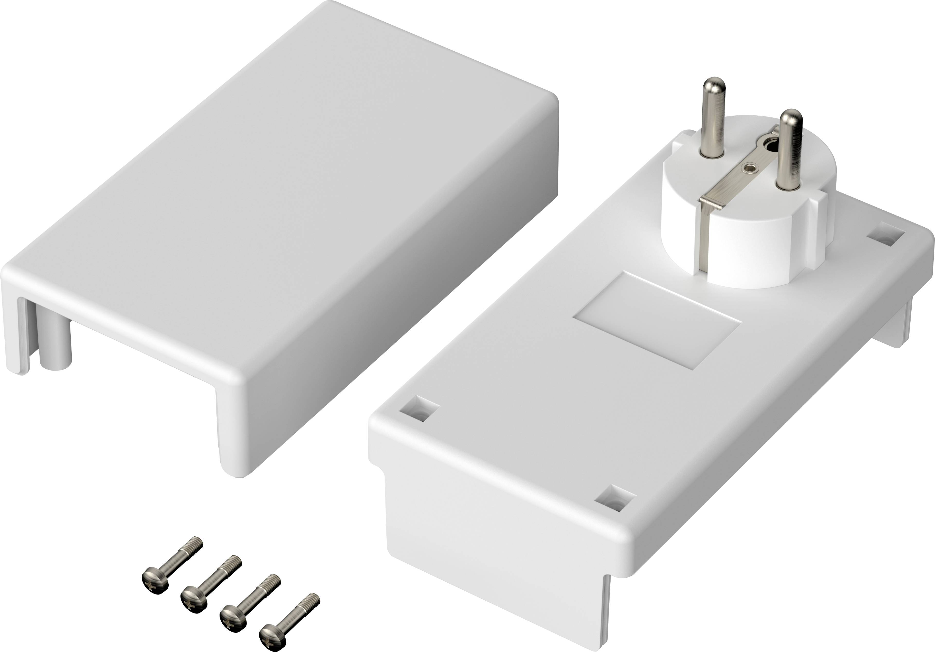 Witte kunststof afdekking en stopcontactbehuizing met bevestigingsvoorziening. Vier schroeven voor montage worden meegeleverd.