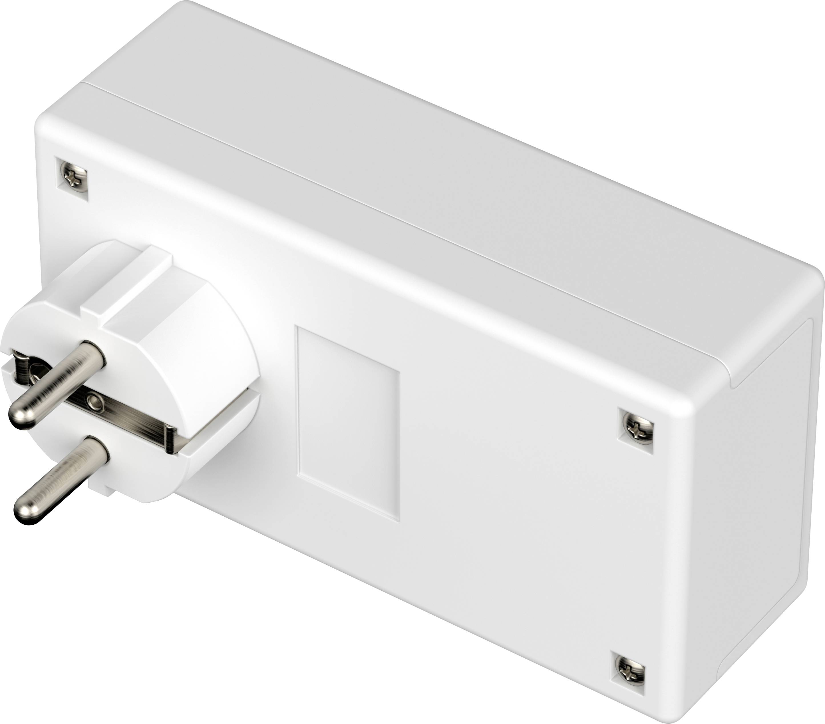 Een witte, rechthoekige netadapter met een tweepens stekker, geschikt voor Europese stopcontacten.
