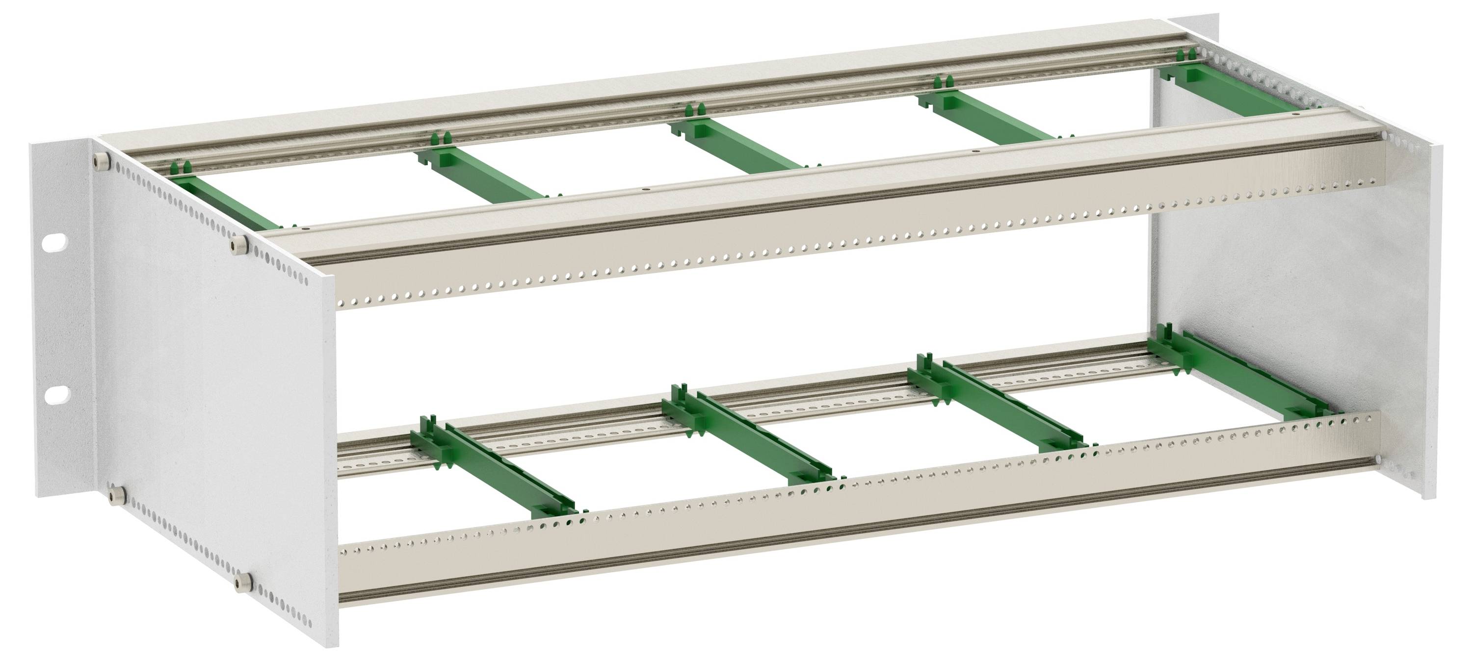 'Een beige en groene metalen constructie met meerdere horizontale rails, waarschijnlijk een structureel onderdeel voor het huisvesten of ondersteunen van apparatuur.'