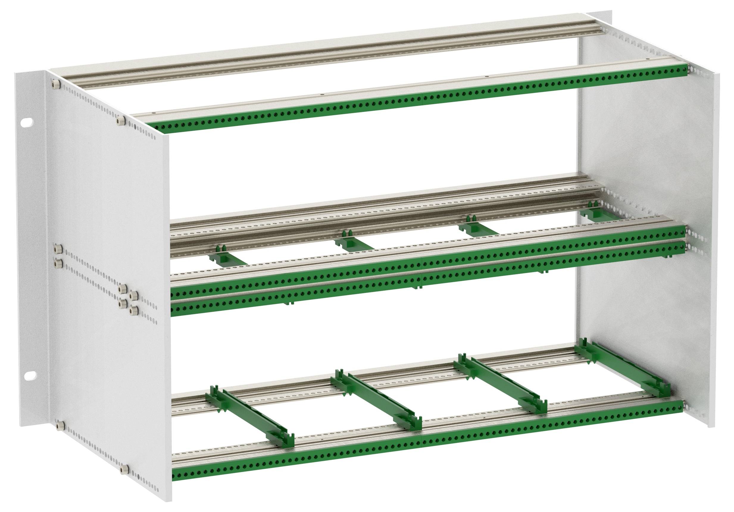 Een metalen rek met drie niveaus en groene componenten, ontworpen voor het monteren van elektronische of elektrische apparatuur.