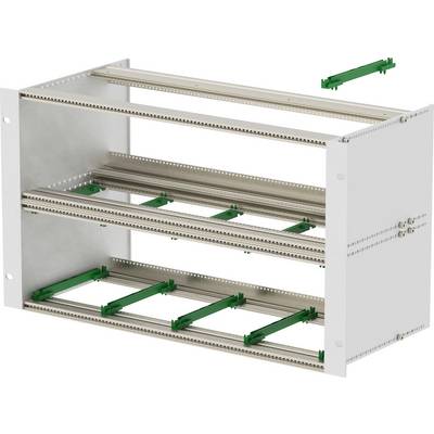 Een lege metalen rekconstructie met drie horizontale sleuven en groene aansluitingen, gebruikt voor het organiseren of monteren van elektronische componenten.