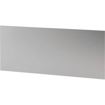 Een grijs, rechthoekig metalen paneel met een gladde oppervlakte, dat op een witte ondergrond ligt.