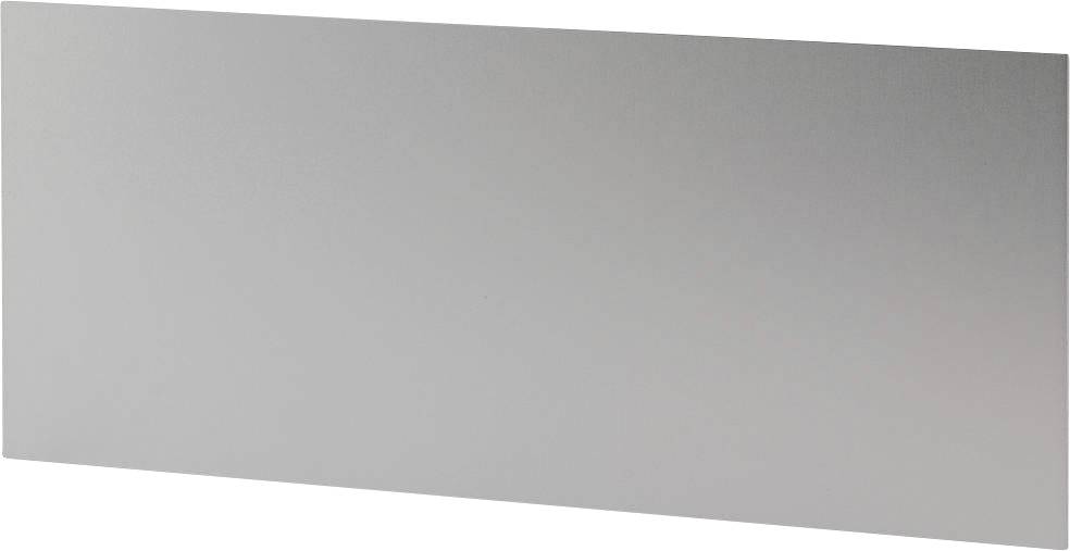 Een rechthoekig, glanzend metalen schild zonder tekst of patroon tegen een witte achtergrond.