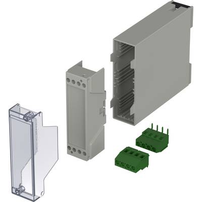 Elektronische behuizing set met transparante deksel, grijze behuizing en groene aansluitklemmen, voor elektrische toepassingen.