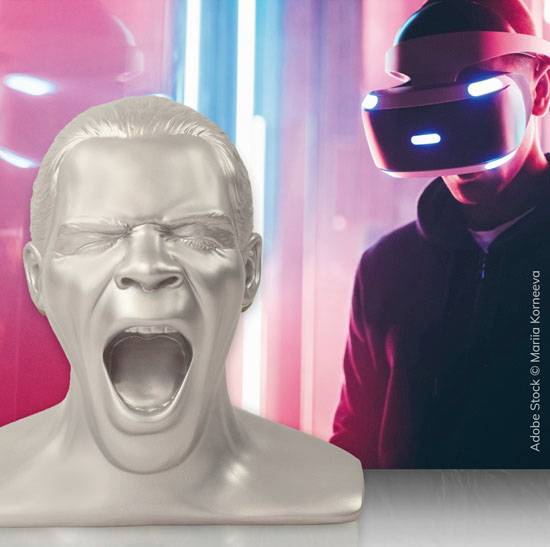 Borstbeeld van een schreeuwende man in zilver voor een persoon met een VR-headset en kleurrijke neonverlichting op de achtergrond.