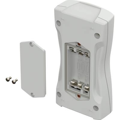 Batterijvak van een wandbevestiging, geopend met twee bevestigingsschroeven ernaast. Maakt het plaatsen van batterijen mogelijk.