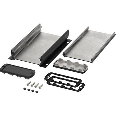 Metalen behuizing- en montageset bestaat uit twee platen, zijdelingse aluminiumerprofielen, schroeven en afdichtingen, gesorteerd uitgelegd.