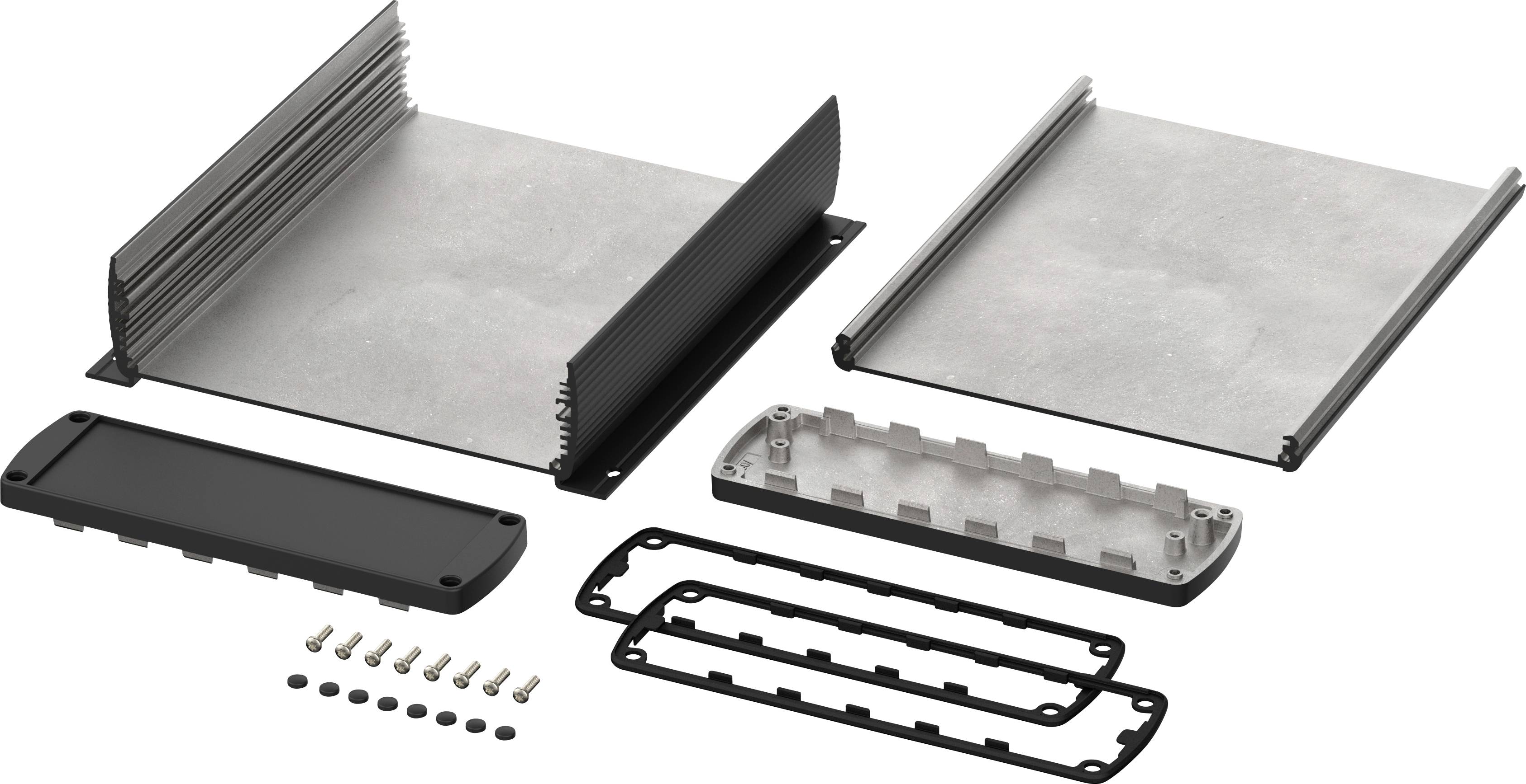 Afzonderlijke onderdelen van een metalen behuizingsbouwpakket met zijpanelen, bodemplaat, schroeven en afdichtingen, in gedemonteerde toestand.