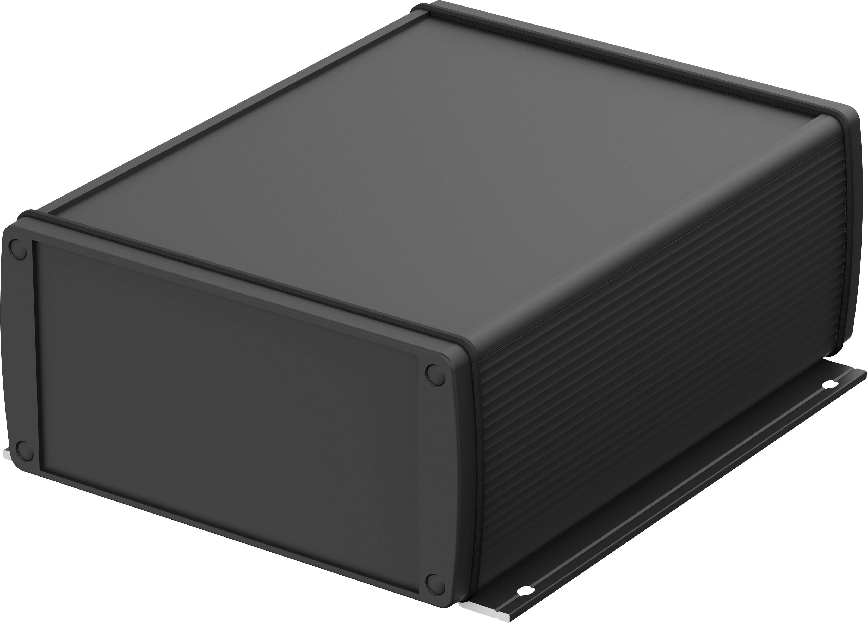 Zwart, rechthoekig behuizing van kunststof met een gladde oppervlakte, geschikt voor elektronische apparaten.