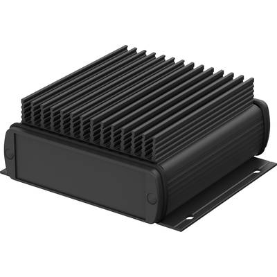 Zwart, rechthoekig elektronisch apparaat met een koelribben-achtige oppervlakte, vermoedelijk een behuizing voor technische componenten.