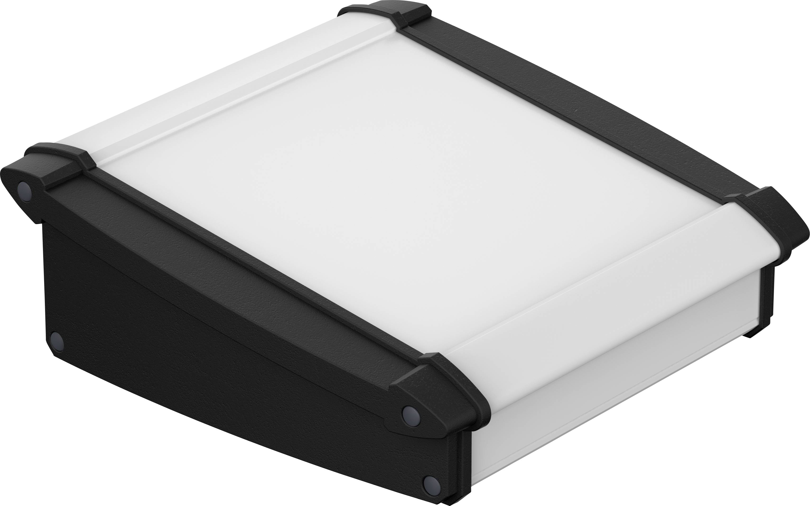 Een zwart doosje met een afgerond ontwerp en een witte afdekking.