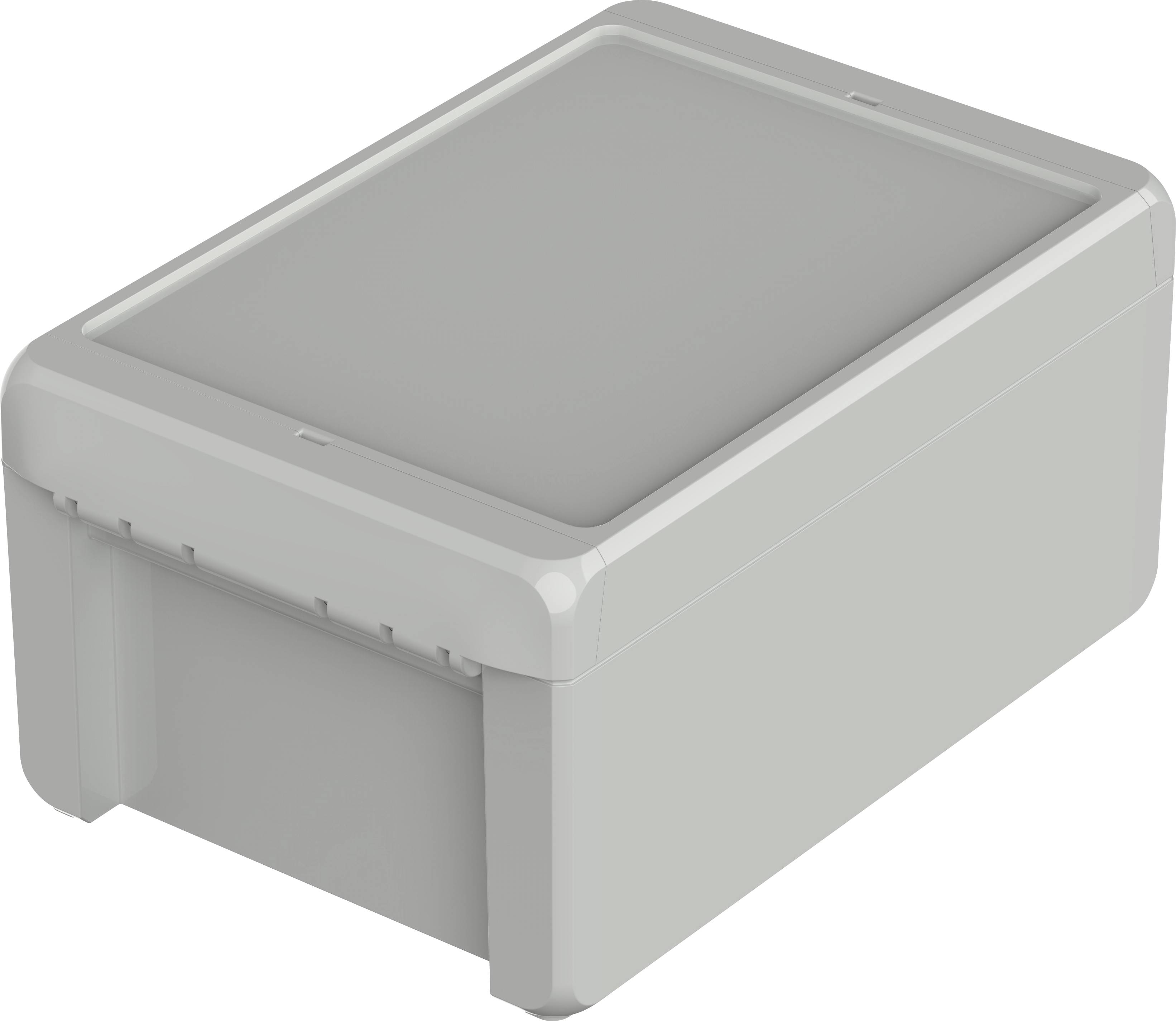Rechthoekige, grijze kunststof behuizing met afneembaar deksel, geschikt voor elektronische componenten of kabelbeheer.