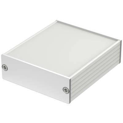 Een rechthoekige, witte behuizing van metaal met geribde zijkanten. Bovenaan bevindt zich een gladde, ondoorzichtige afdekking met schroeven in de hoeken.
