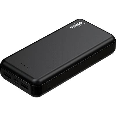 Een zwarte powerbank met het 'VERTX'-logo aan de bovenkant. Hij heeft meerdere USB-poorten aan de zijkant.