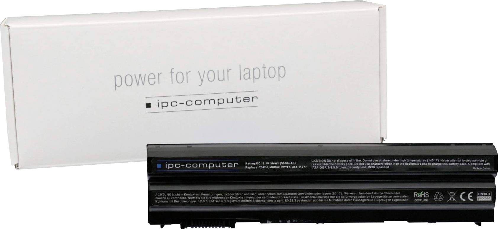 Laptop-accu van IPC met verpakking. Op de verpakking staat 'power for your laptop'. De accu heeft opschriften en logo's.
