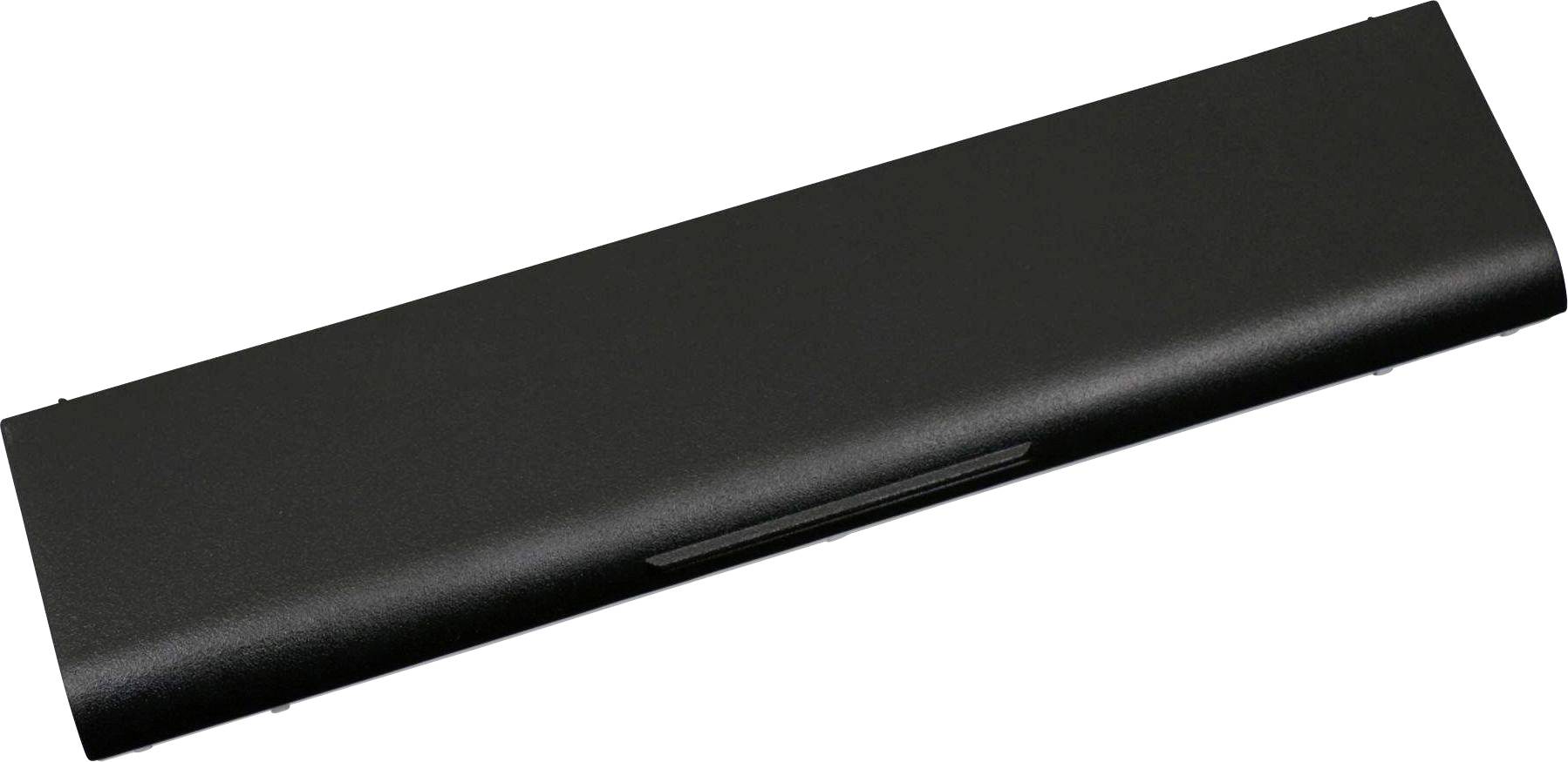 Zwarte rechthoekige laptopaccu, liggend op een witte achtergrond.