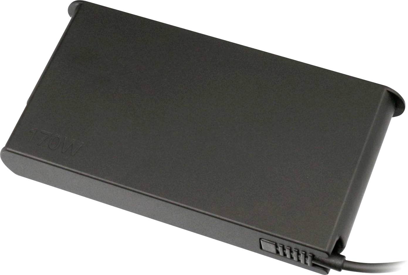 Zwart, rechthoekig laptopvoedingsadapter met kabel aan de zijkant.