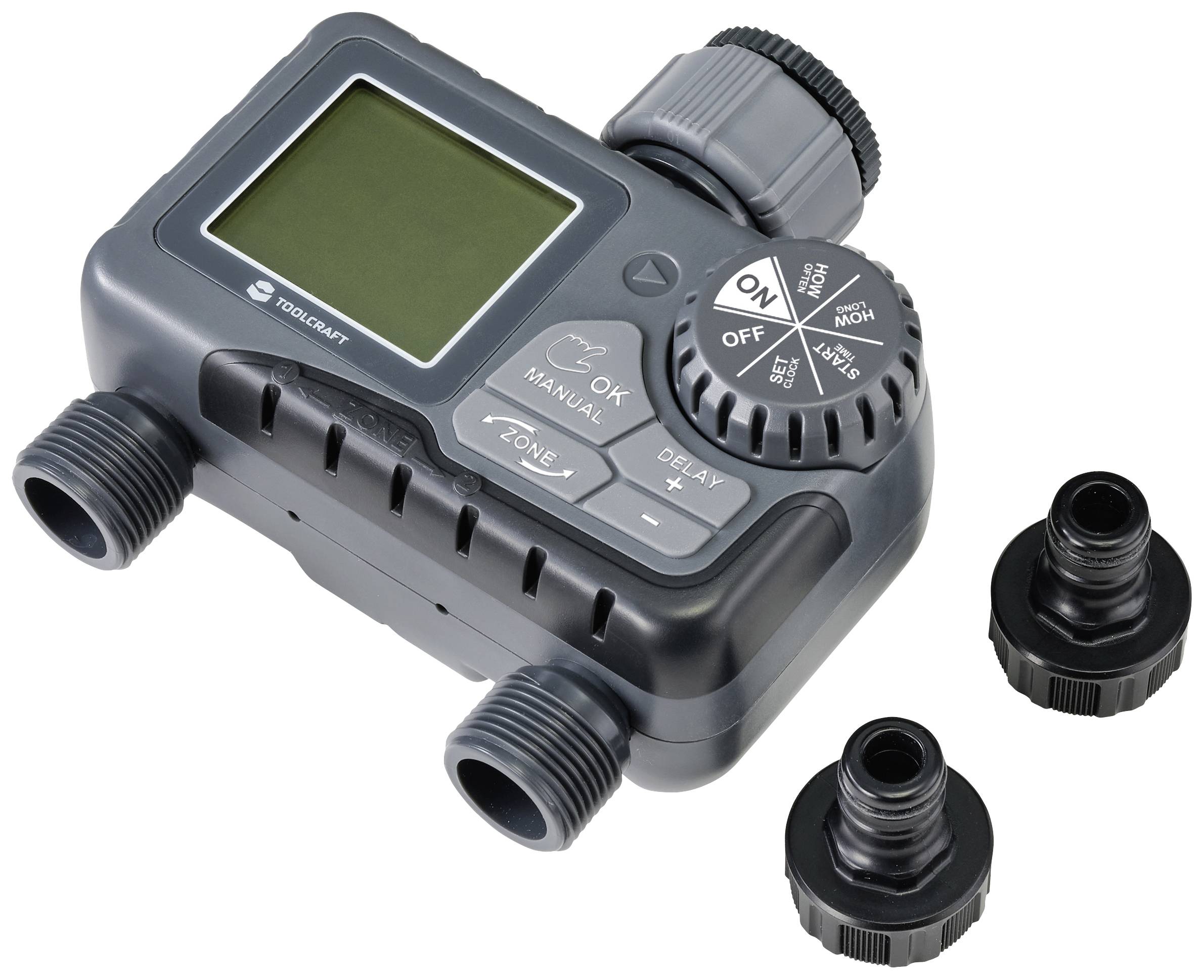 Elektronische irrigatiebesturing met display en draaiknop, twee aansluitadapters, geschikt voor eenvoudige irrigatieplanning in de tuin.