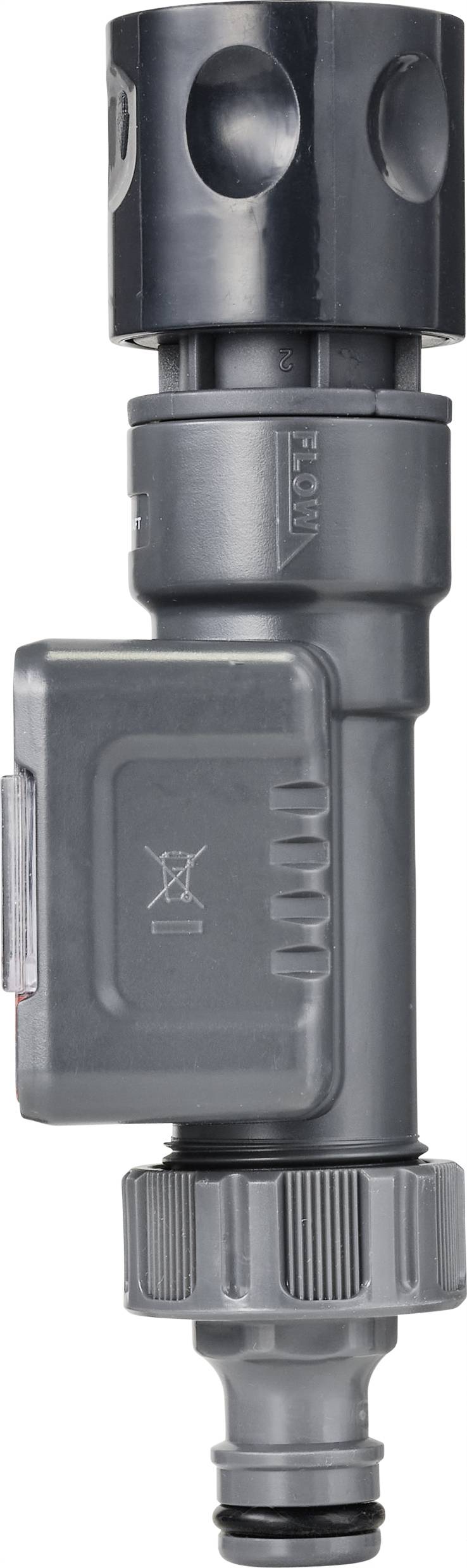 Grijze kunststof tuinsproeieradapter met meerdere aansluitingen en een draaibare sproeikop. Geschikt voor tuinirrigatiesystemen.