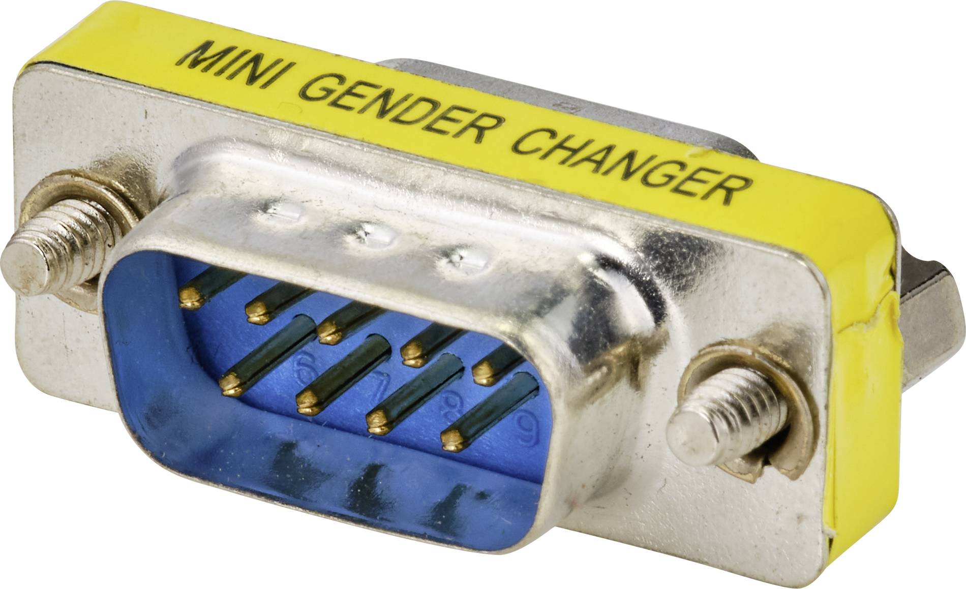Metalen DB9-adapter met het opschrift 'MINI GENDER CHANGER', maakt het mogelijk om aansluitingen bij seriële kabels om te zetten.