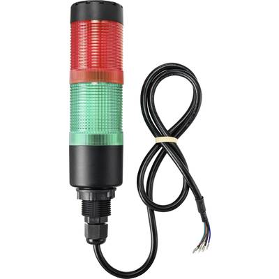 Signaallamp met twee niveaus: bovenaan rood, onderaan groen, met zwarte kabel voor elektrische aansluiting.