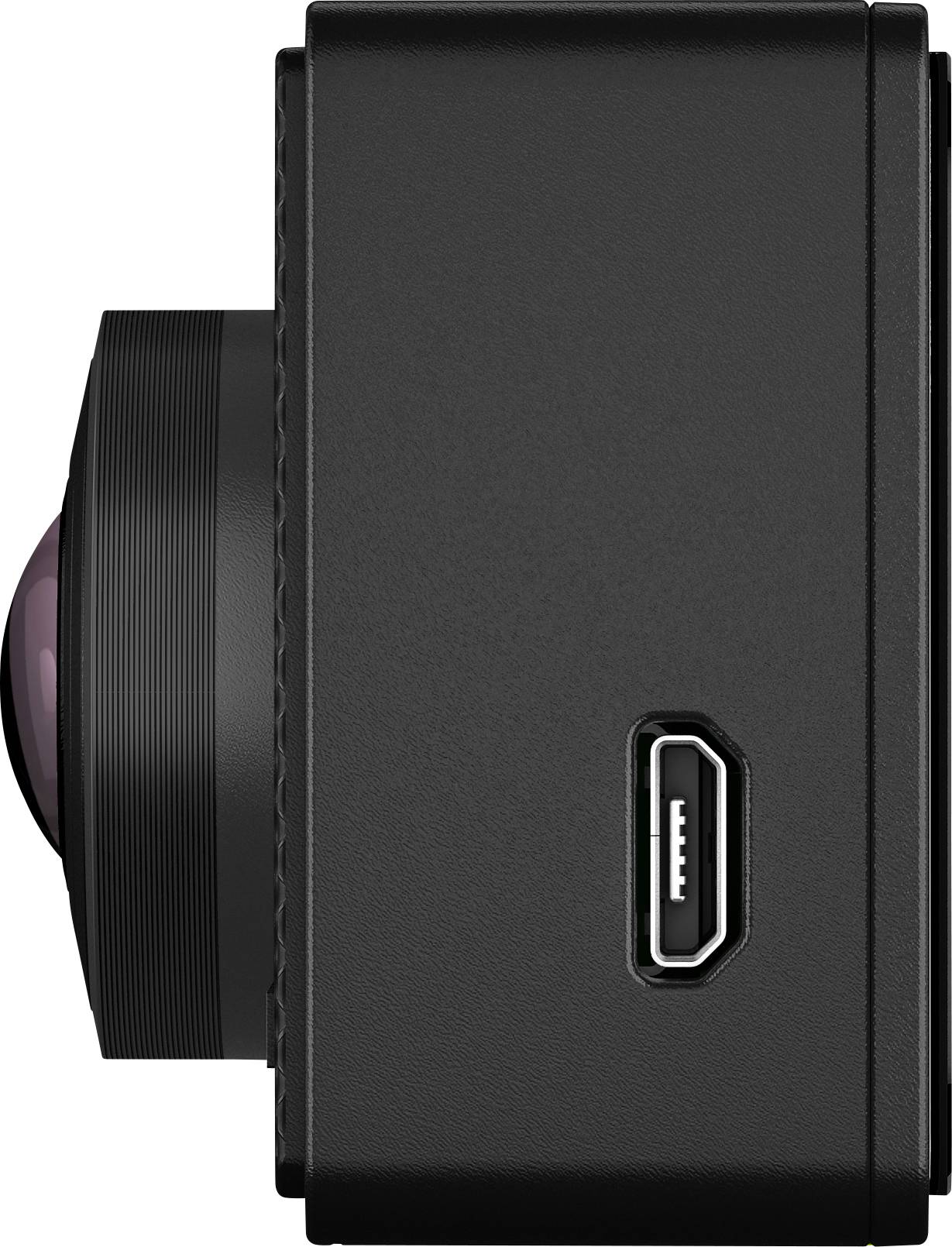 Zijaanzicht van een zwarte camera met een USB-poort aan de rechterkant en een uitstekende lens aan de linkerkant.