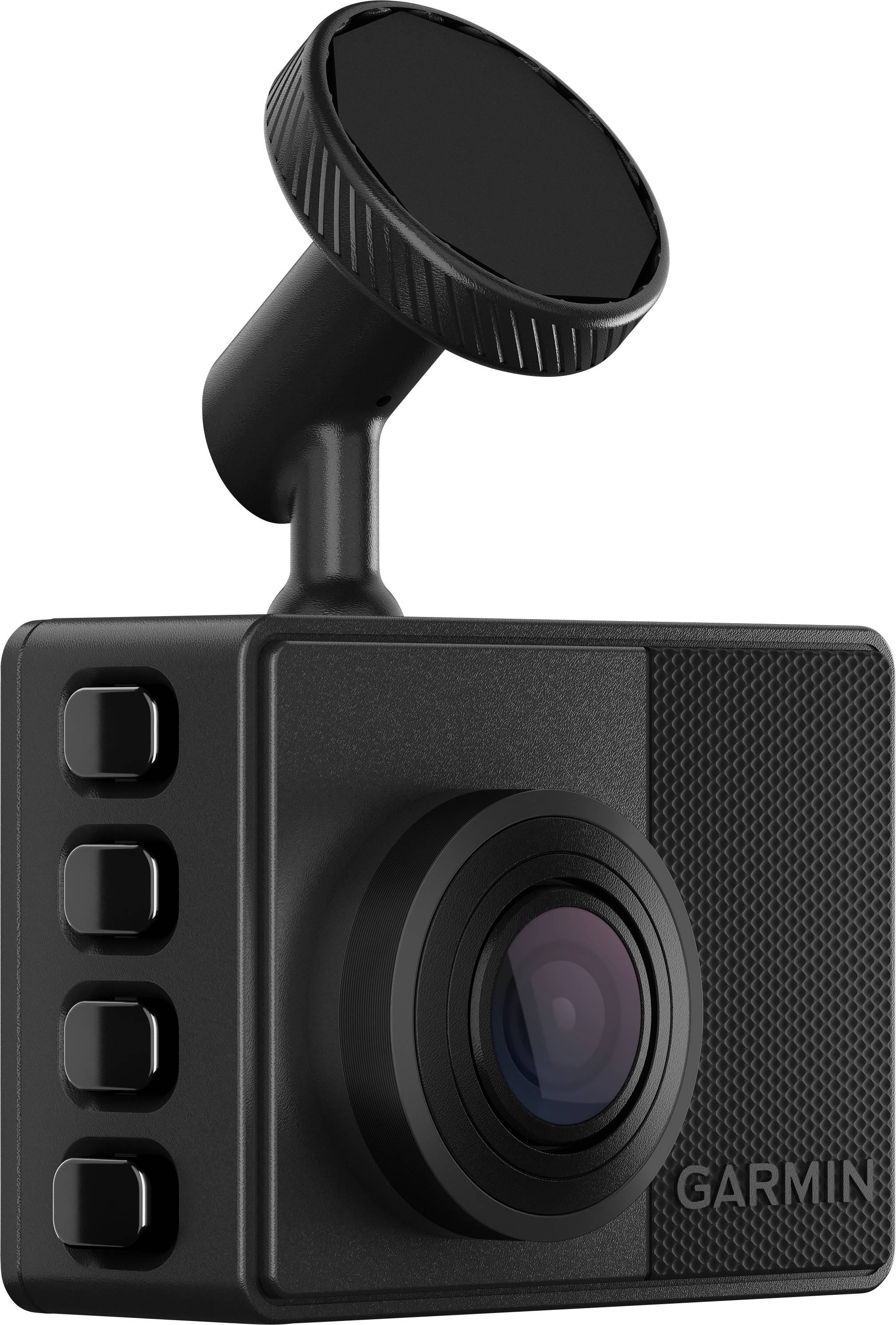Een zwarte Garmin-camera met lensmodule en drie zijdelingse knoppen. Hij is bevestigd aan een houder en geschikt voor gebruik in de auto.