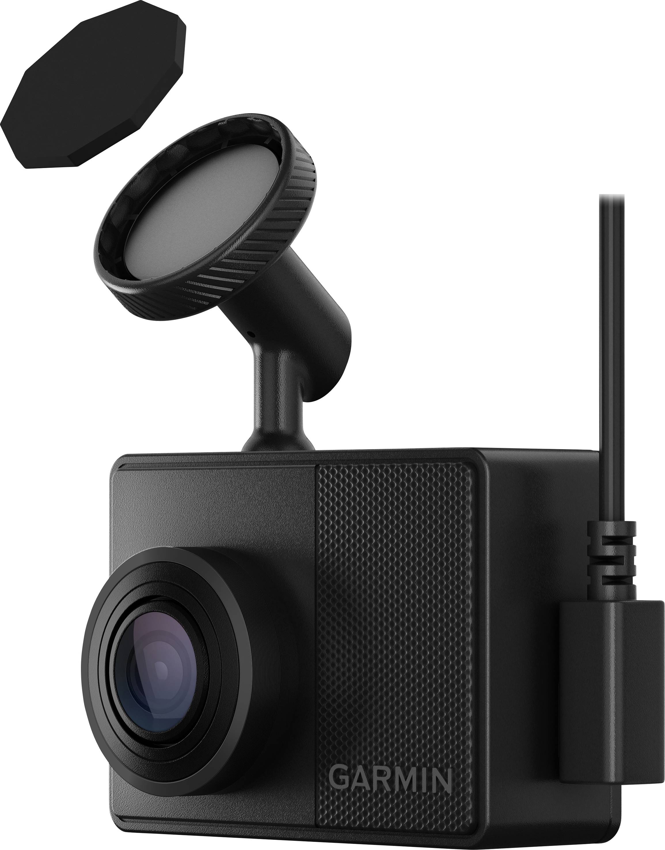 Een zwarte dashcam met een rond lensdeksel, gemonteerd op een voet. Een kabel is aangesloten op de camera.