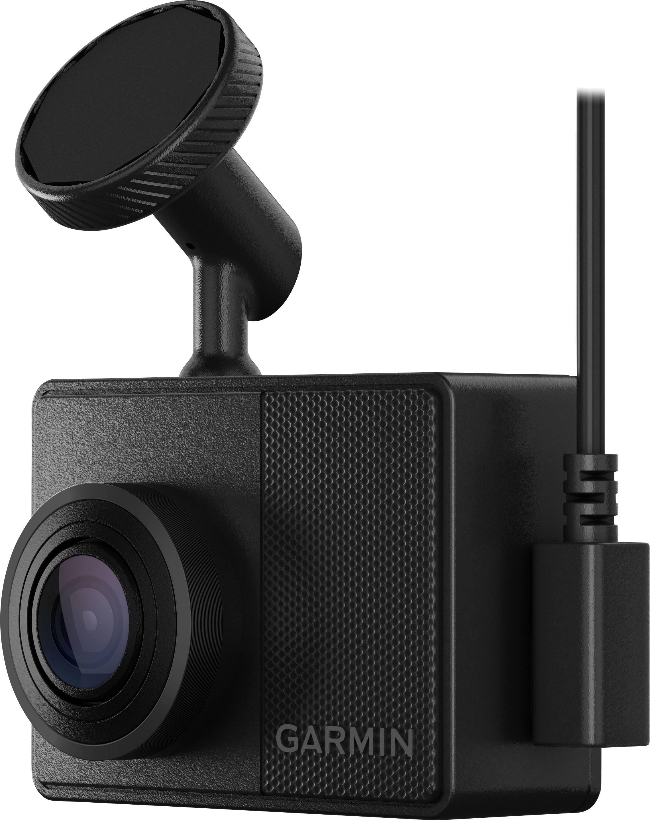 Zwarte Garmin dashcam met groot objectief en bevestigingssteun aan de bovenkant, met een kabel aangesloten aan de zijkant.