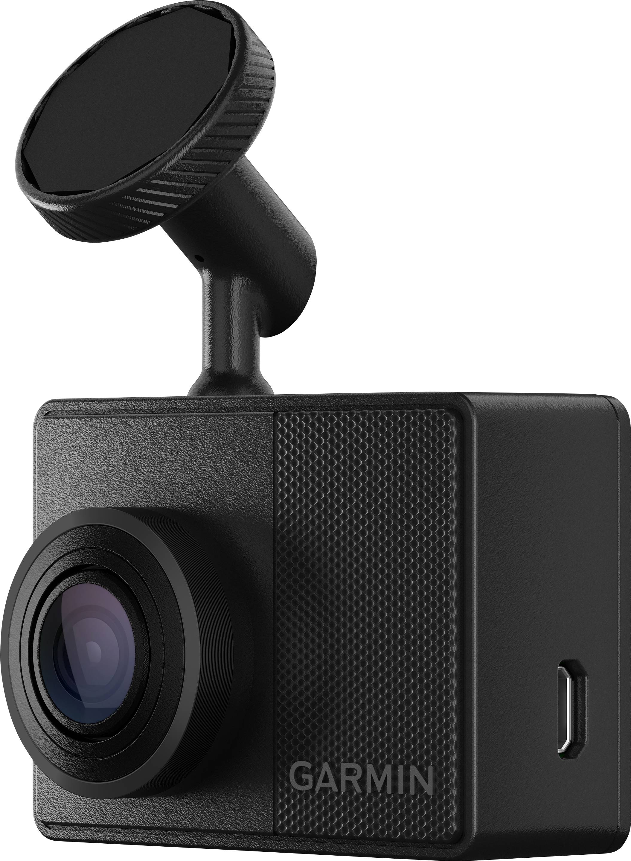 Zwarte dashcam met rond lens en bevestigingsschroef bovenaan. Merklogo op de voorkant. Ideaal voor voertuigbewaking.