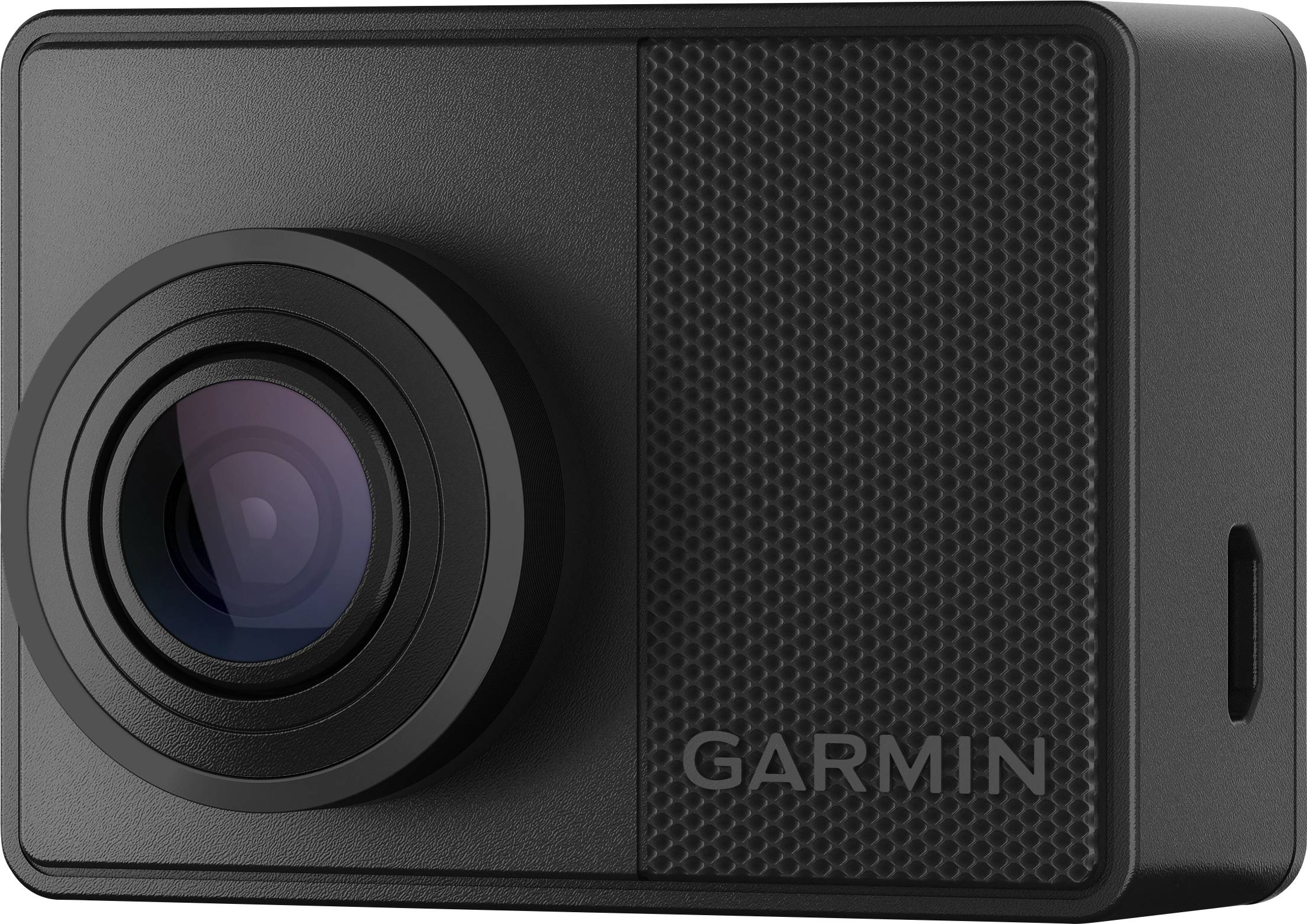 Zwarte Garmin dashcam met lens en gestructureerde behuizing, rechterkant met merklogo zichtbaar.