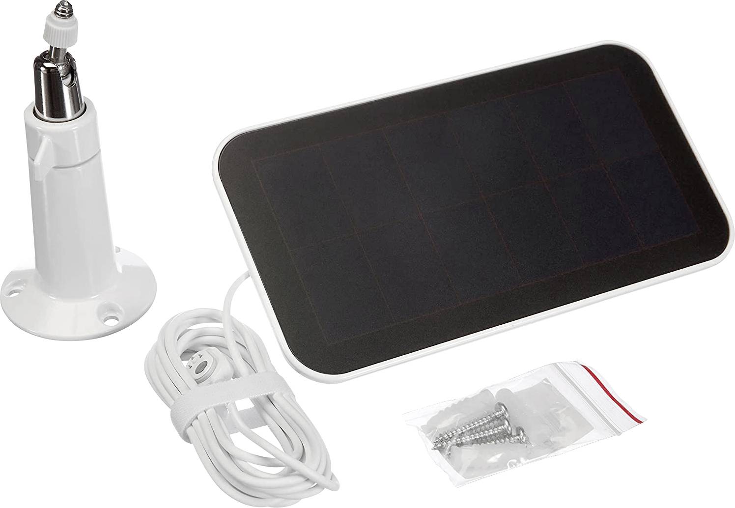Zonnepaneel-kit met bevestigingssteun, kabel en schroeven. Geschikt voor eenvoudige wandmontage en gebruik als stroomvoorziening voor apparaten.