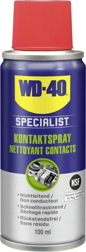 Blik met rode dop, geëtiketteerd als 'WD-40 Specialist Contactspray'. Eigenschaften: niet-geleidend, snel droogvallend, zonder residu. Inhoud: 100 ml.