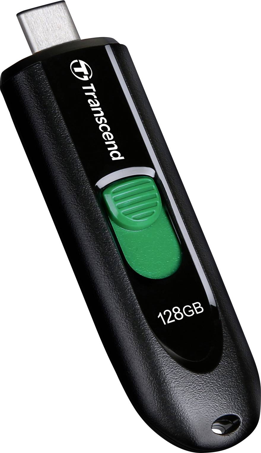 Een zwarte USB-stick met een groene schuifschakelaar en 128 GB opslagcapaciteit.