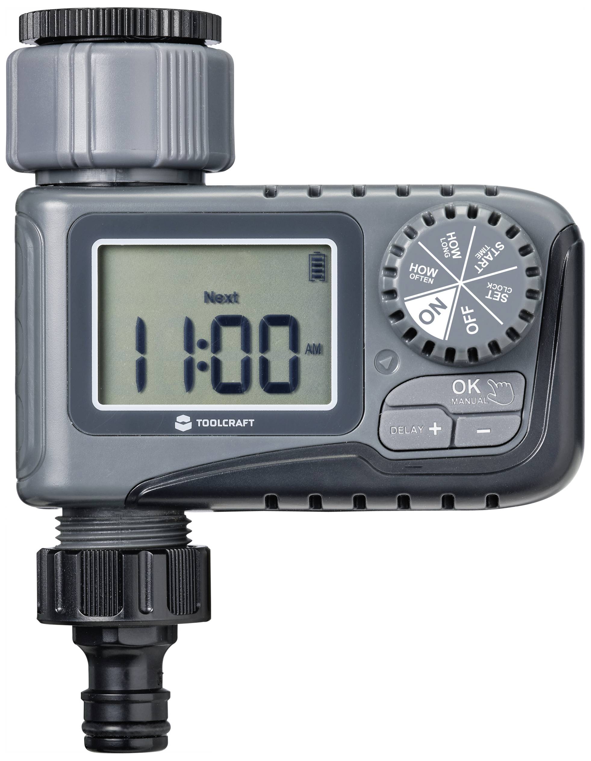 Een programmeerbare beregeningsklok met een digitaal display toont '11:00 uur'. Draaiknop voor het instellen van frequentie en duur.