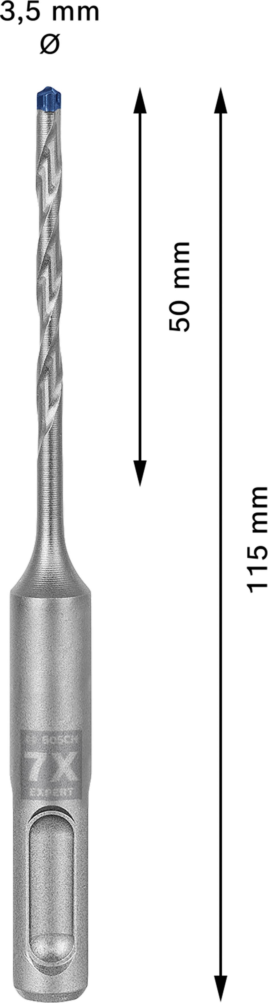 Boor met diameter van 3,5 mm, totale lengte 115 mm, nuttige lengte 50 mm. Blauwe punt bovenaan. Etiket toont: '7X'.