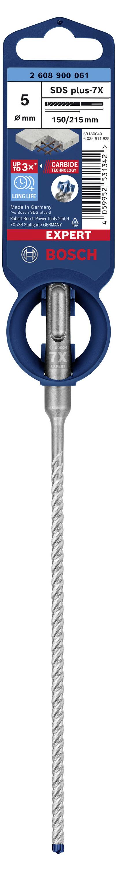 Boor met SDS-plus opname, maat 5 x 165 mm, voor beton. Verpakking toont merklogo en technische specificaties.