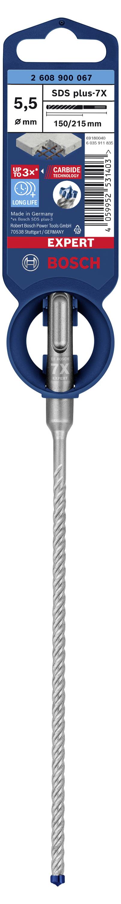 Bosch SDS plus-7X boor, diameter 5,5 mm. Prestatie-indicaties en handelsmerken op verpakking. Geschikt voor beton.