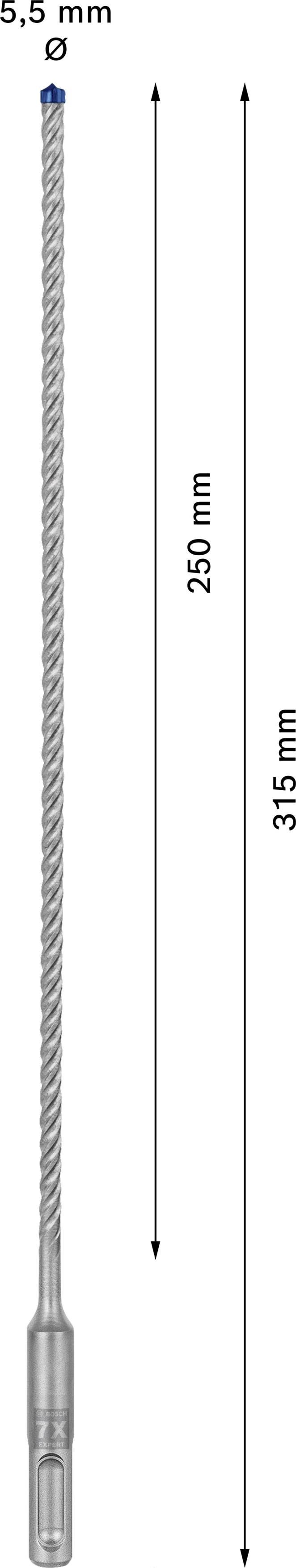 Een boor met 5,5 mm diameter, totale lengte 315 mm, werkdiepte 250 mm. Geschikt voor precies boren in verschillende materialen.