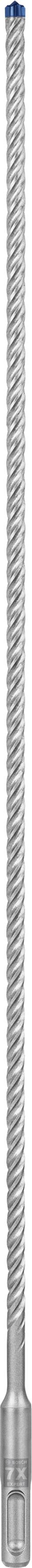 Een lange, zilveren metalen staaf met schroefdraad, vermoedelijk een schroefspil, tegen een witte achtergrond.