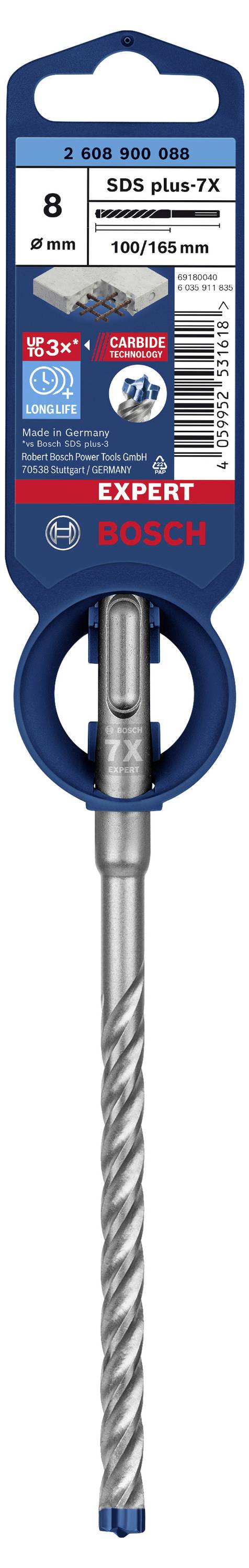 'Bosch Expert' SDS plus-7X boor voor beton, maat 10x165 mm. Verpakking vermeldt 8 mm diameter en toepassingen voor beton, steen.