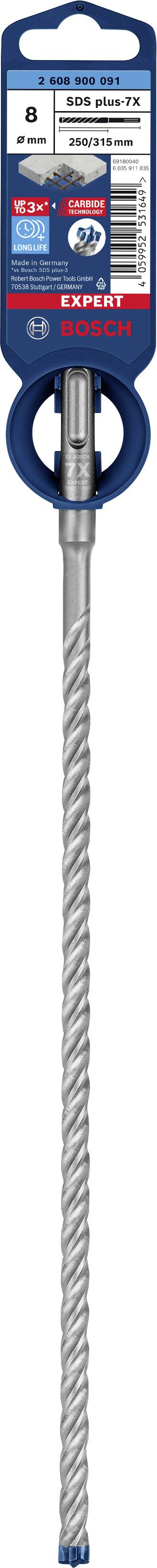 Boor met SDS-plus opnameschacht in de maat 8x100mm. Verpakking toont merk met technische specificaties en toepassingen in de bouw.