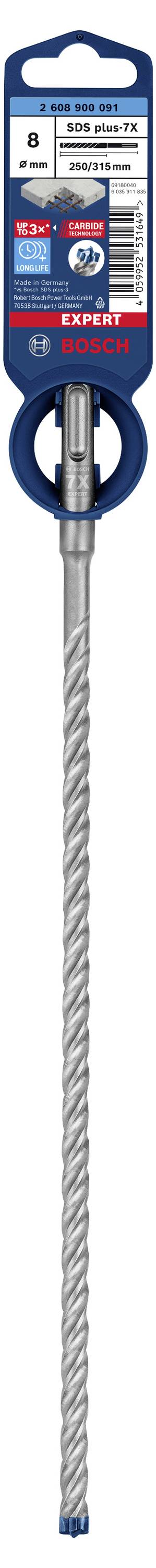 Verpakking van een HSS-hamerboor met SDS-plus aansluiting. Het merk is Bosch. De boor is geschikt voor beton, 8 mm diameter.