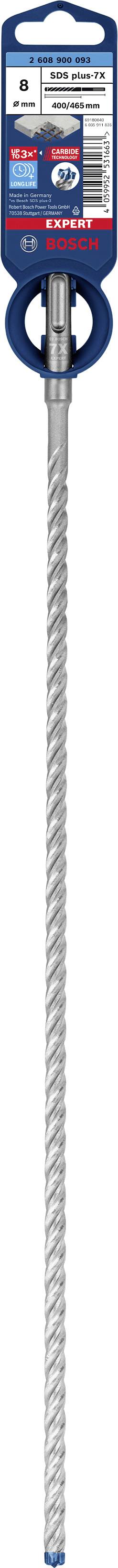 Schroeven-display met productinformationen voor een lange metalen boorschroef. Bevat merklogo, afmetingen en toepassingsdetails.