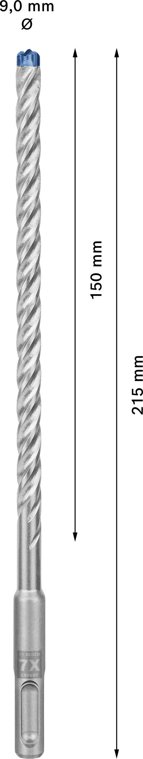 Afgebeeld is een boor met de volgende afmetingen: diameter 5,0 mm, lengte 150 mm, totale lengte 215 mm.
