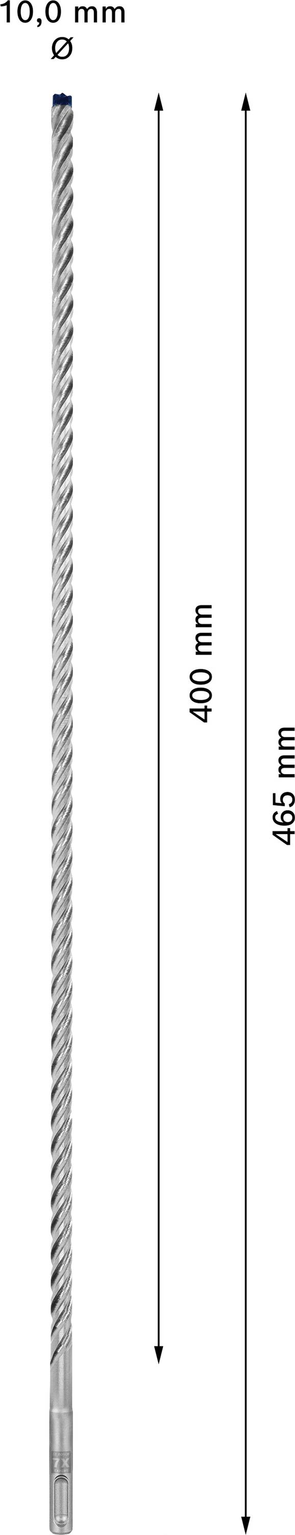 Een lange boor met een diameter van 10,0 mm en een totale lengte van 465 mm, inclusief een gebruikslengte van 400 mm.