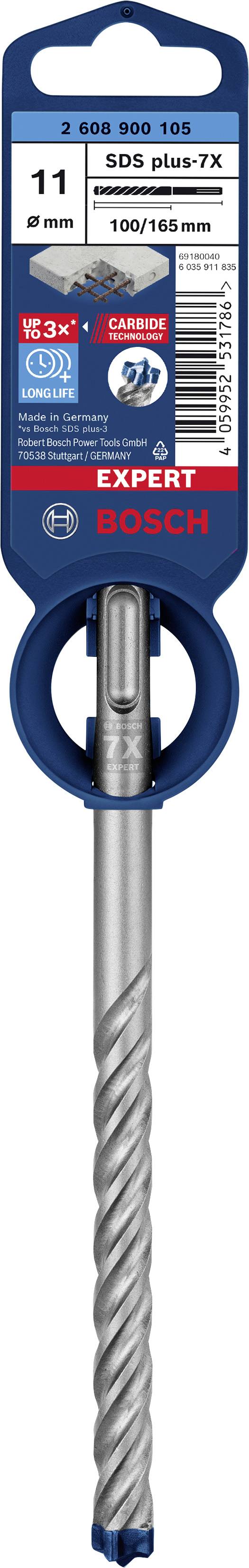 'BOSCH Expert SDS plus-7X' boor, diameter 11 mm, lengte 160/100 mm, toont het productontwerp en technische details op de verpakking.