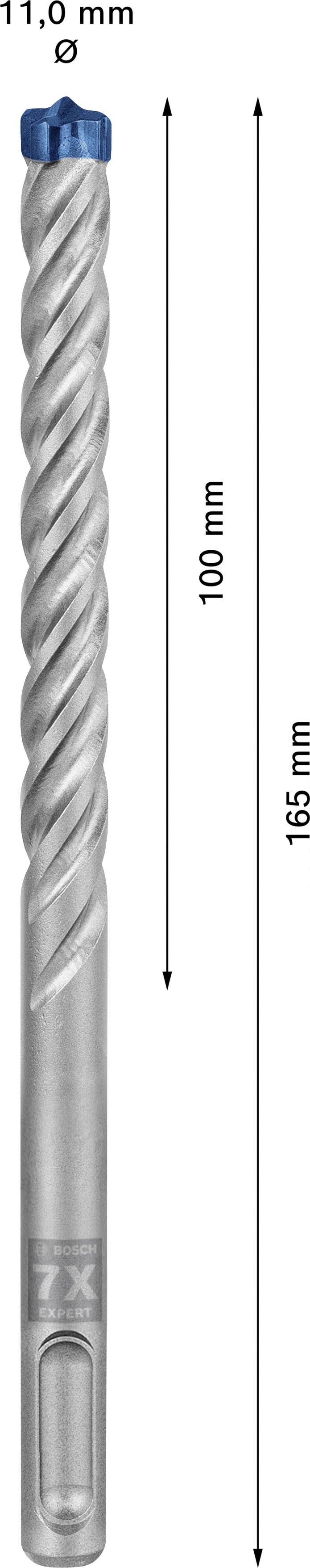Boor met 11 mm diameter, 100 mm snijlengte en 165 mm totale lengte, met een blauwe punt.